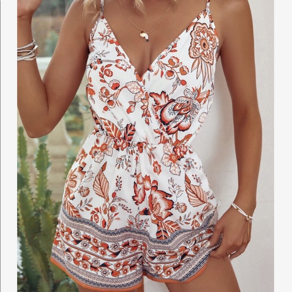 Boho Floral Paisley Print Surplice Neck Cami Romper - Picture 4 of 12